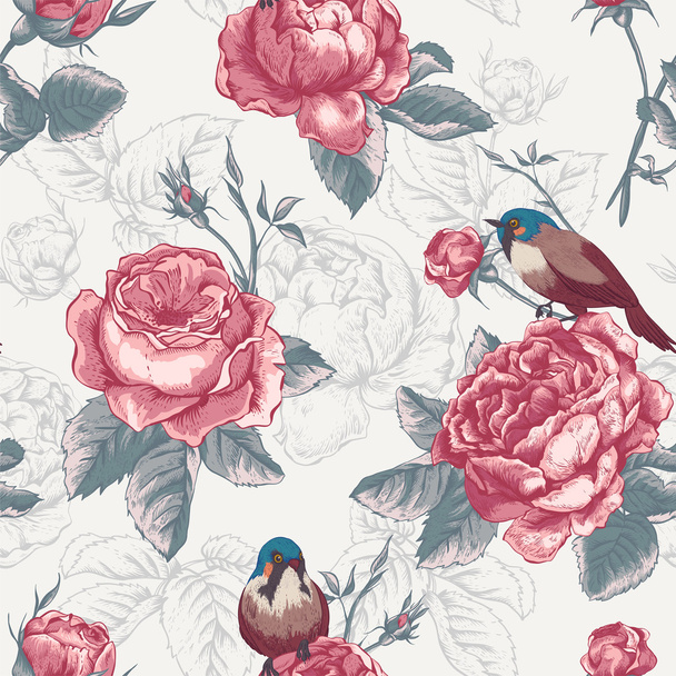 Botanical floral seamless pattern with roses and birds - Vector, Image
