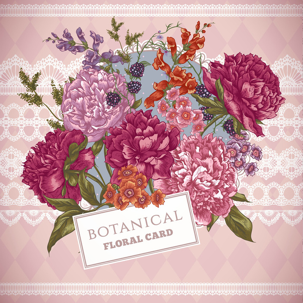 Vintage üdvözlés kártya-val virágzó pünkösdi rózsa - Vektor, kép