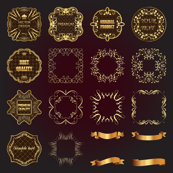 Set of vintage gold design elements-labels, frames, ribbons. - Vettoriali, immagini
