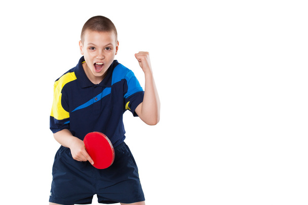 Little boy celebrating flawless victory in table tennis isolated - Φωτογραφία, εικόνα