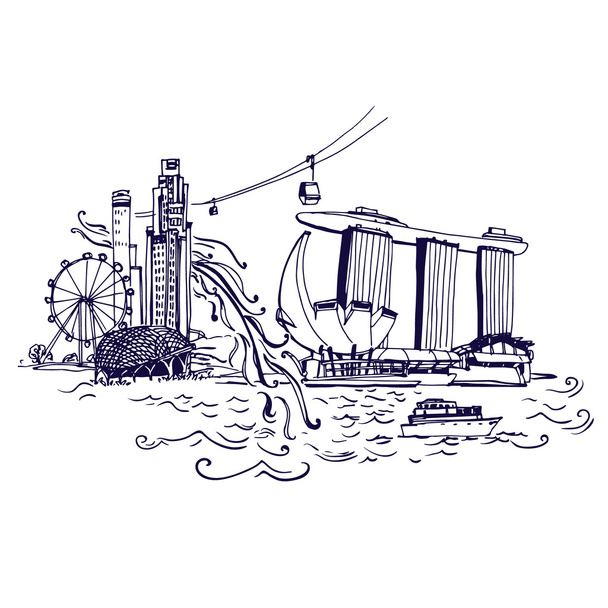 Singapore city skyline at Marina Bay vector illustration - Vector, Image
