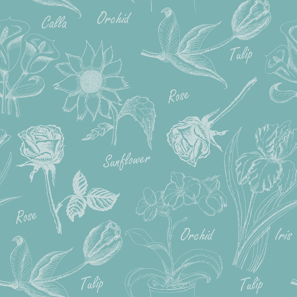 Seamless pattern with  flowers. Iris, calla lily, tulip, orchid, sunflower and rose - Vektori, kuva