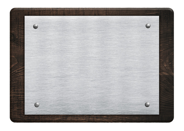 Composición de placa de aluminio de metal, placa de nombre tablón de madera, tablero colgado en la pared blanca
 - Foto, Imagen