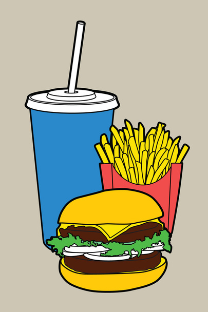 Franse frietjes, Hamburger en frisdrank Cup. - Vector, afbeelding