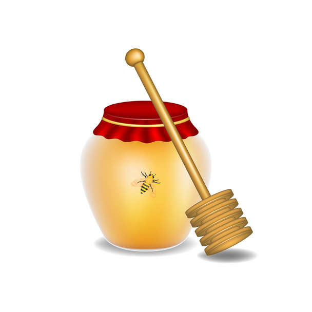 Sweet honey, honey bee and wooden honey dipper - Вектор,изображение