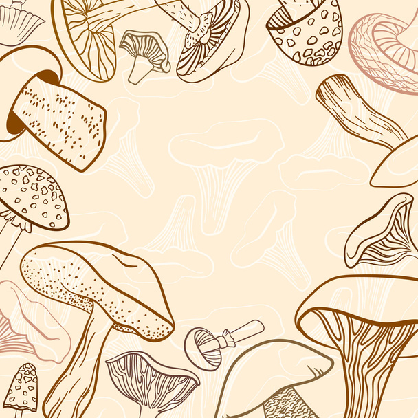 Frame of different hand drawn mushrooms in pastel brown tones. Can be used us restaurant menu design - Vektori, kuva