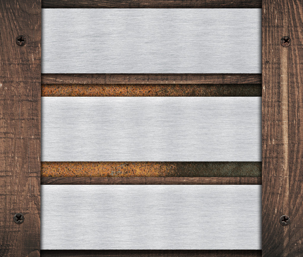 Composition of metal aluminum plaque, name plate and old wooden wall planks - Photo, Image