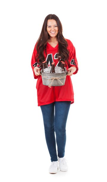Football: Woman Holds Iced Bucket Of Beer - Photo, Image