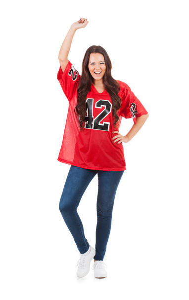 Football: Woman Cheering For Team With Fist In Air - Foto, imagen