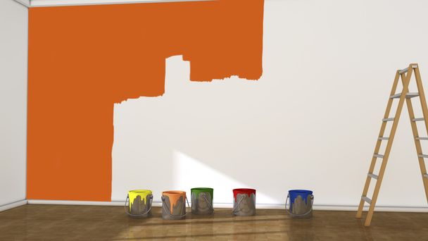 Sala interior y latas de pintura
 - Foto, imagen