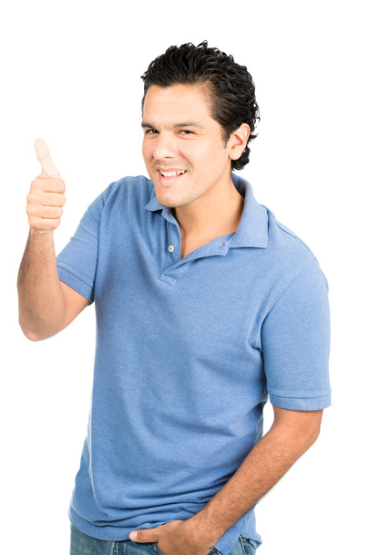Half Hispanic Male Right Thumbs Up Sign Big Smile - Foto, imagen