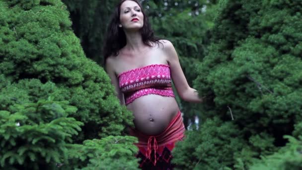 Těhotná žena s velkým břichem v parku. - Záběry, video