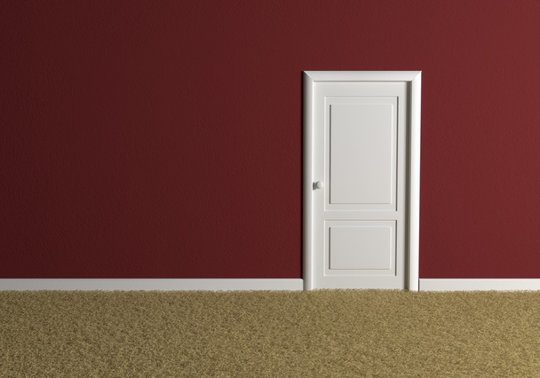tyhjä huone, jossa punainen seinä ja valkoinen ovi
 - Valokuva, kuva