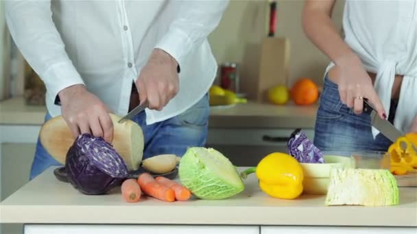 Close up slicing vegetables - Filmati, video