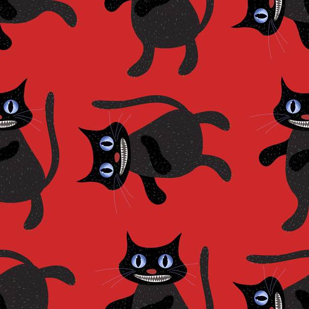 Scary toothy black cats on a red background. Seamless. - Vetor, Imagem
