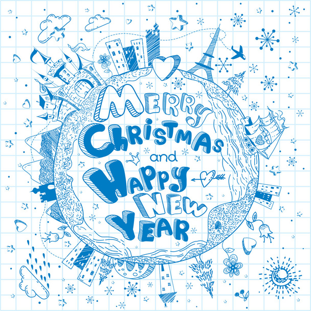 Frohes neues Jahr und frohe Weihnachten Doodle Hintergrund - Vektor, Bild