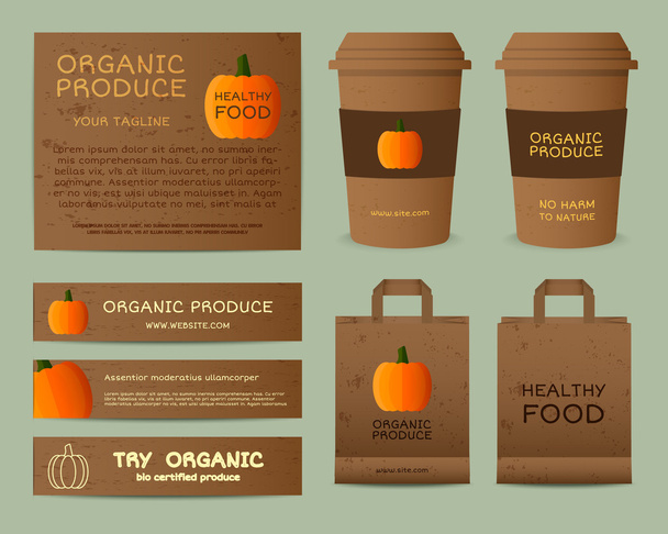 Natural business corporate identity design with pumpkin. Branding your organic company. Paper bag, cup. Mock up design. Best for natural shop, organic fairs, eco markets and local companies. Vector - Vector, Imagen