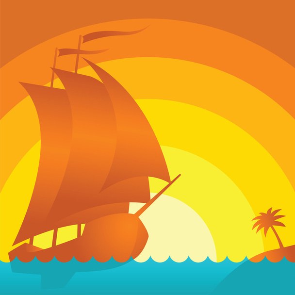 Ship on sunset island - Vector, Image