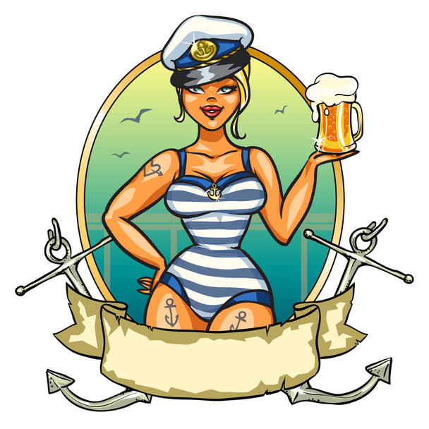 Pin Up ναύτης κορίτσι με κρύα μπύρα - Διάνυσμα, εικόνα