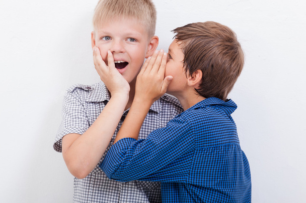 Teenage boy whispering in the ear a secret to friendl on white  background - Foto, Imagen
