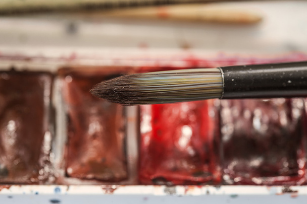 Scatola colori ad acquerello, pennelli. macro
 - Foto, immagini