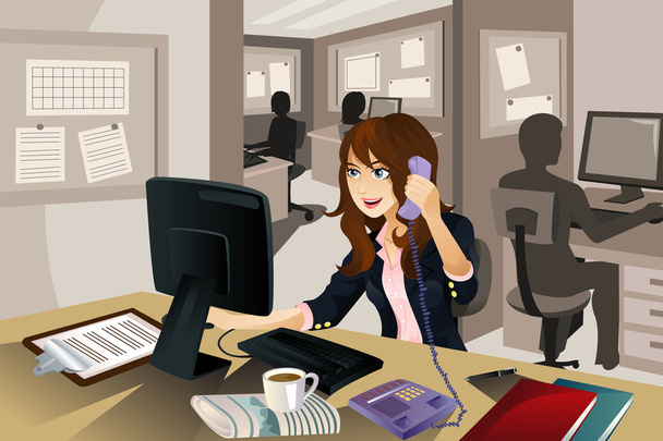Businesswoman working in the office - Vector, Image