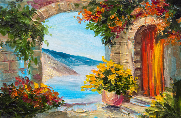 peinture à l'huile - maison près de la mer, fleurs colorées, mers d'été
 - Photo, image