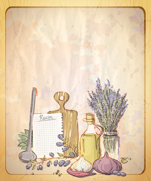 Vintage style paper backdrop with empty place for text and illustration of provence still life. - Vektor, Bild
