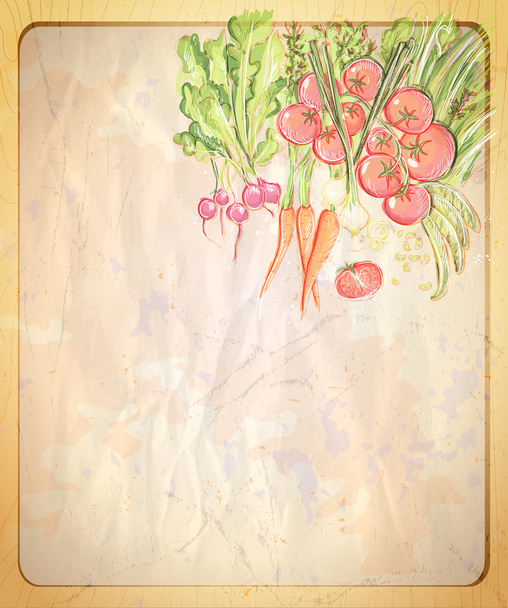 Empty old paper backdrop with hand drawn graphic illustration of assorted vegetables. - Vector, Imagen