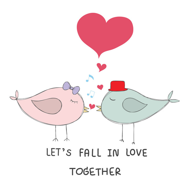 Çift kuşlar öpücük müzik notlar ve kırmızı kalp pastel renk wi - Vektör, Görsel