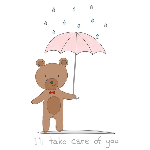 καφέ αρκούδα κρατώντας ροζ ομπρέλα με βροχή χέρι συντάσσονται στυλ και  - Διάνυσμα, εικόνα