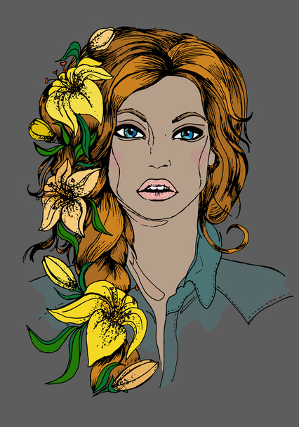 Illustration girl with lilies, cards, hand drawn - Vector, Image