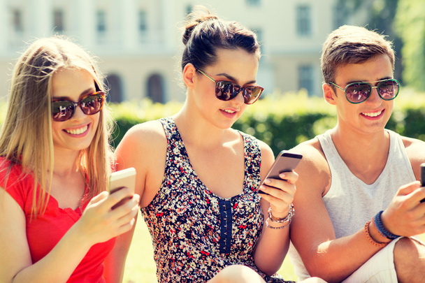 smiling friends with smartphones sitting on grass - Zdjęcie, obraz