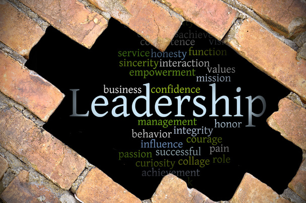 Hole at the brick wall with leadership word cloud inside - Photo, Image