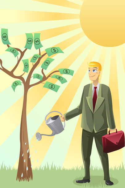 biznesmen podlewania drzewo pieniądze - Wektor, obraz