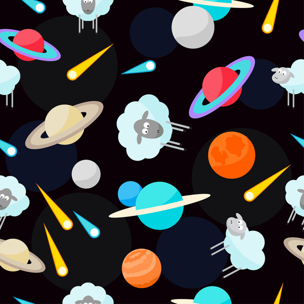 Planets, comets and cute sheep in open space. seamless pattern  - Διάνυσμα, εικόνα