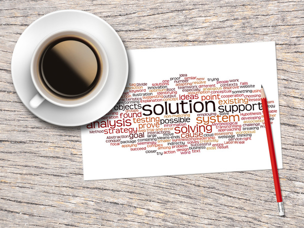 Coffee, Pencil And A Note Contain Word Clouds Of Solution And It - Foto, afbeelding