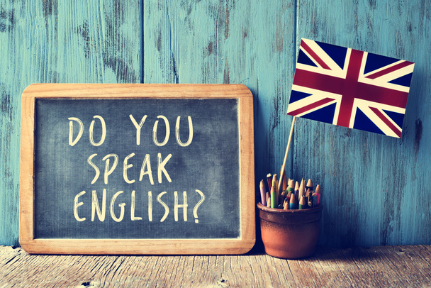 テキスト英語を話しますか。フィルター、黒板に - 写真・画像