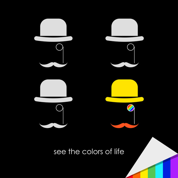 einfache grafische konzeptionelle Illustration zum Thema "Farben des Lebens fühlen" mit Cartoon-Hüten - Vektor, Bild