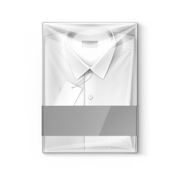 White classic men shirt with label in transparent packaging box - Vector, Image
