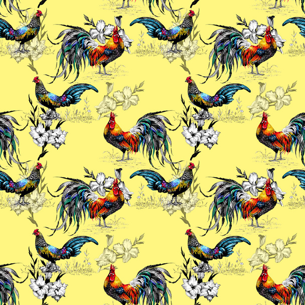 farm roosters pattern - Foto, Imagen