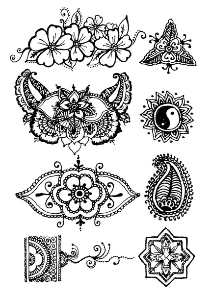 vector illustratie mehendy, henna tatoeage geïsoleerd op witte achtergrond - Vector, afbeelding