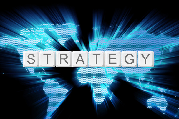 wereld gloed achtergrond en toetsenbord knop met woord strategie - Foto, afbeelding