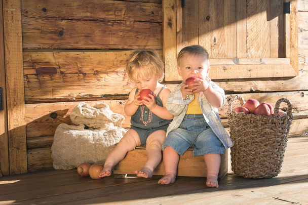 Mädchen und Junge sitzen in einer Holzkiste und essen Äpfel - Foto, Bild
