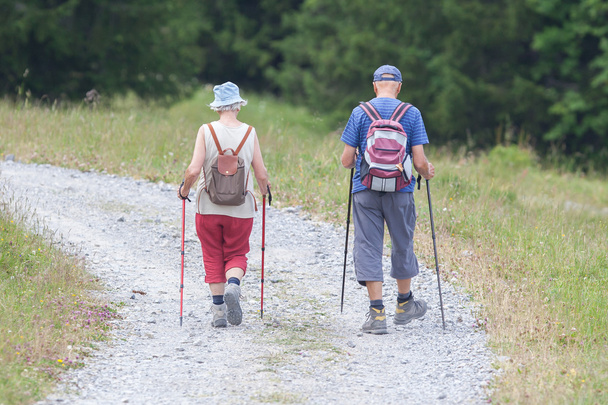 Senior tourist couple hiking at the beautiful mountains - Photo, Image