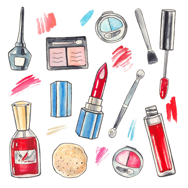 conjunto de produtos de maquiagem aquarela
 - Foto, Imagem