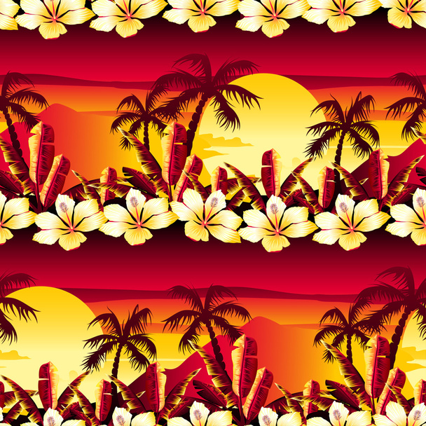 Tropical golden sunset with hibiscus flowers seamless pattern - Vector, Image