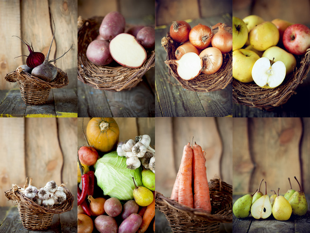 Autumn harvest. Collage of raw organic vegetables and fruit. Foo - Photo, Image