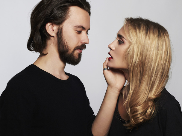 Lovely couple.romantic beautiful woman and handsome man.bearded boy and blond girl - Photo, Image