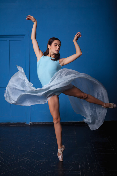 young modern ballet dancer posing on blue background - Фото, зображення